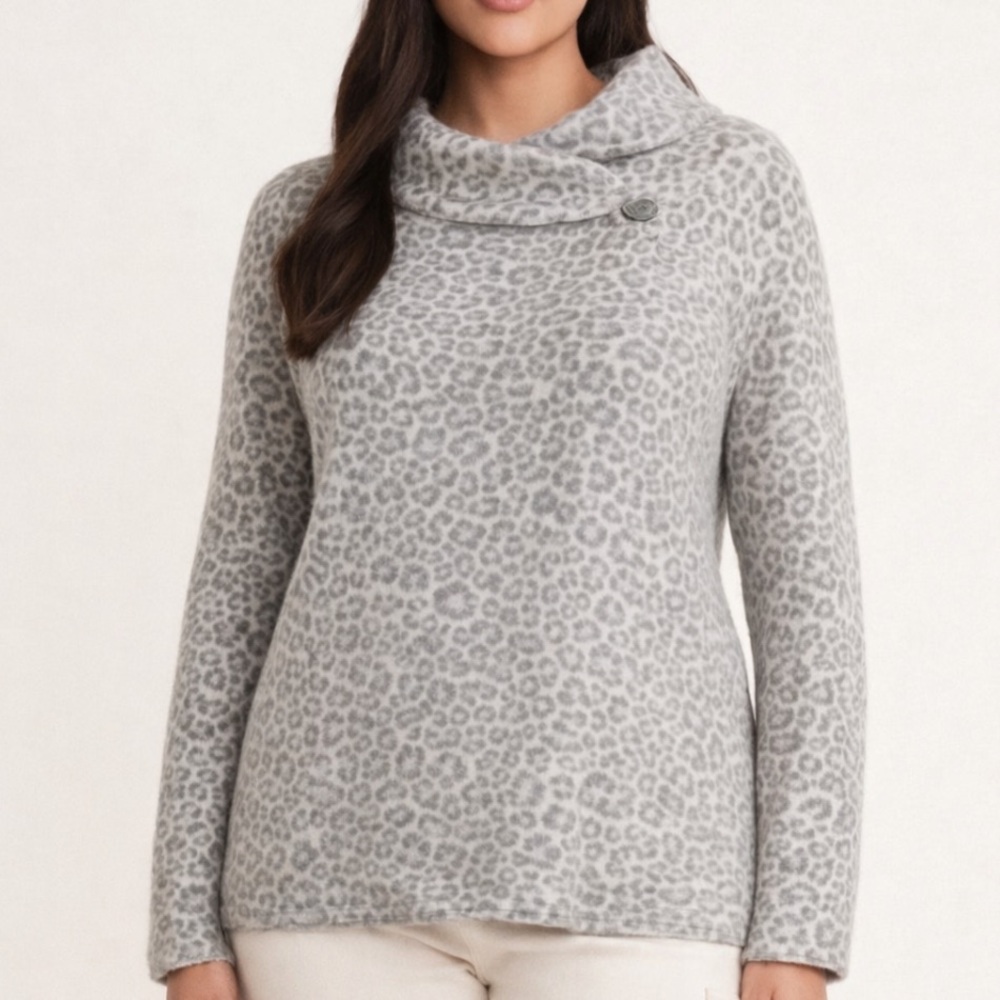 Christian Siriano Wool Gray & White Wrap Cardigan 1X Cowl Neckline Animal Print - Picture 8 of 9
